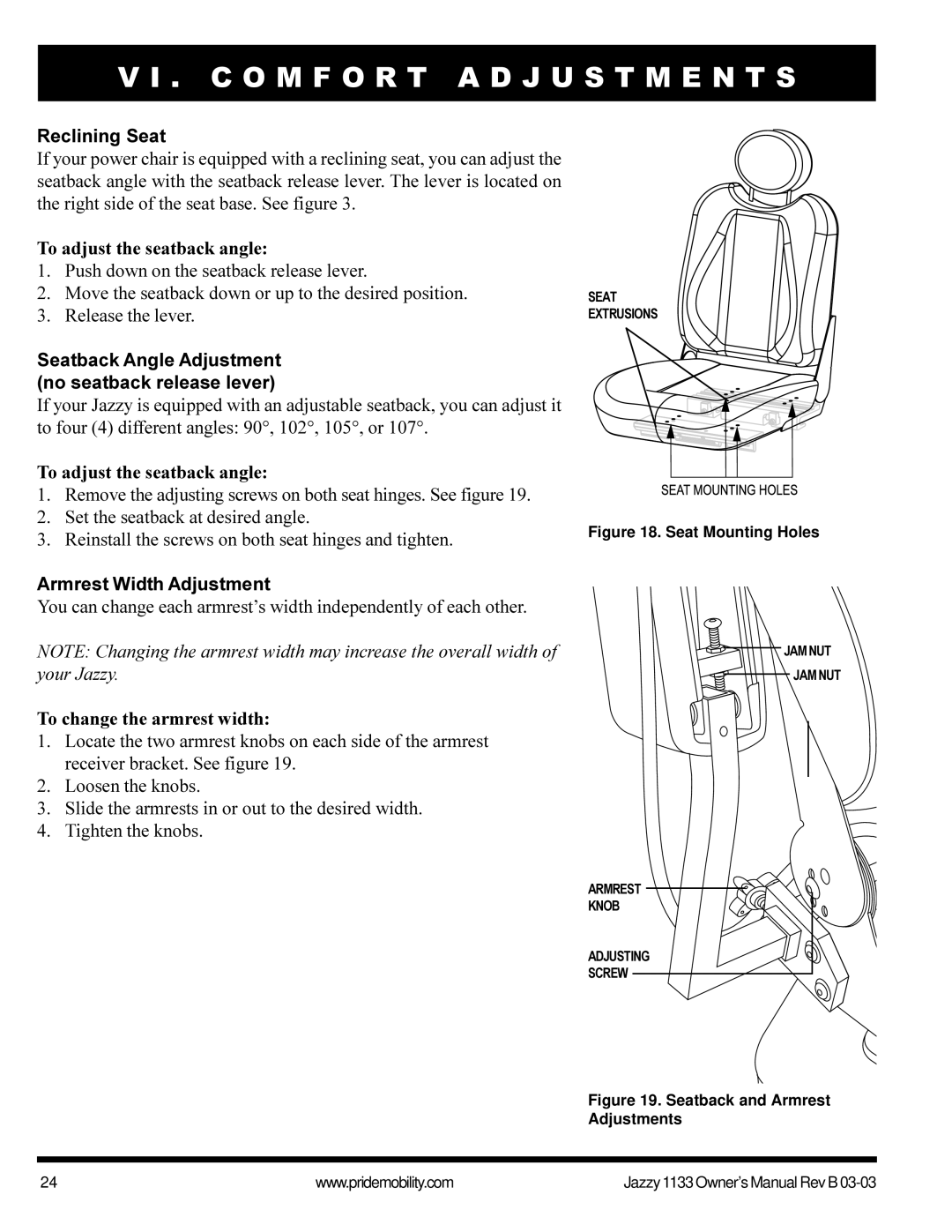 Pride Mobility Jazzy1133 Reclining Seat, To adjust the seatback angle, Seatback Angle Adjustment no seatback release lever 