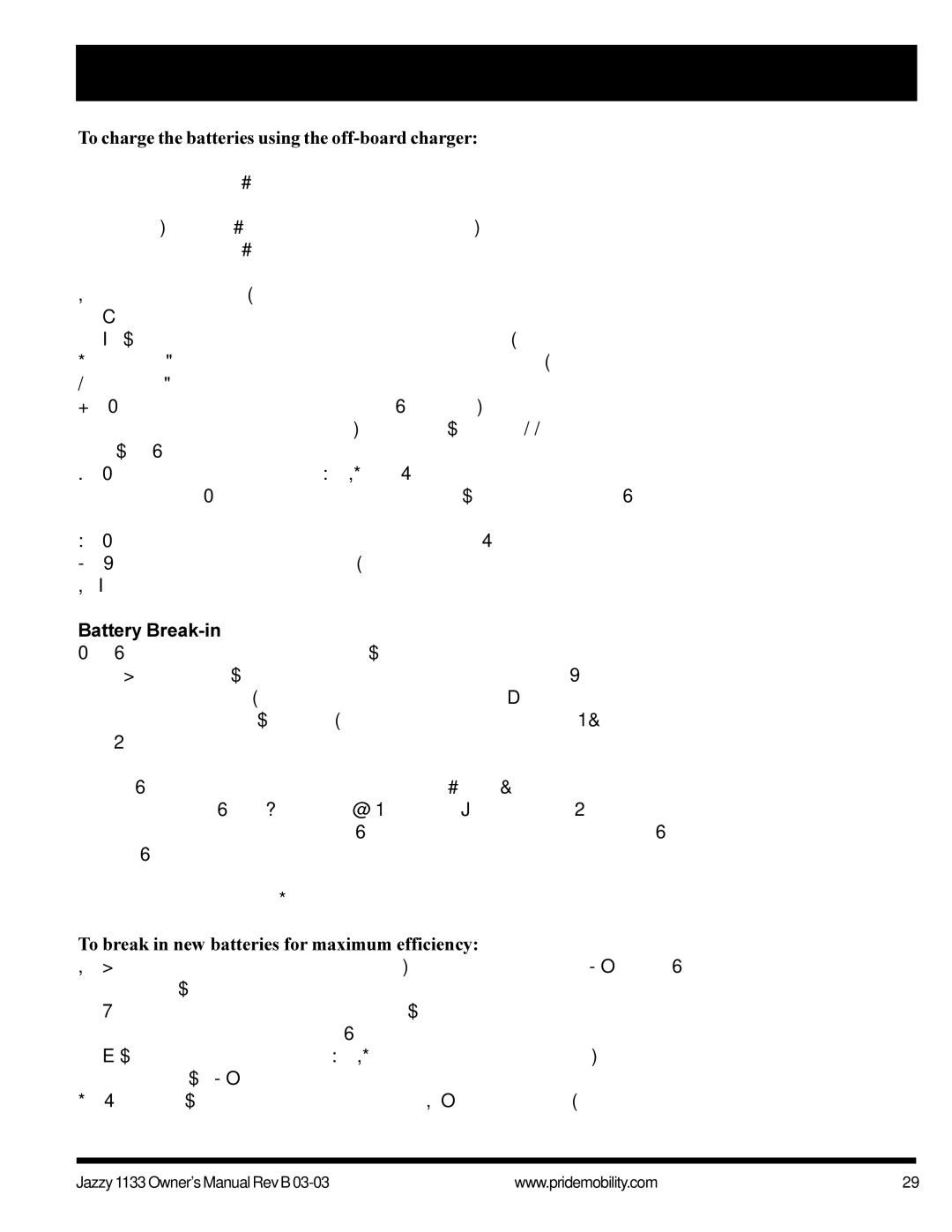 Pride Mobility Jazzy1133 owner manual To charge the batteries using the off-board charger, Battery Break-in 