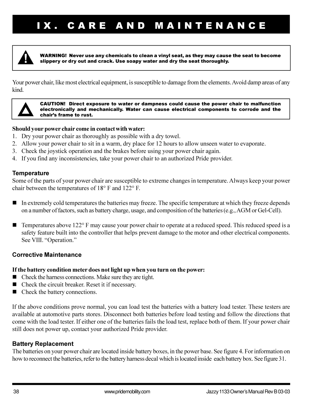 Pride Mobility Jazzy1133 owner manual Should your power chair come in contact with water, Temperature, Battery Replacement 