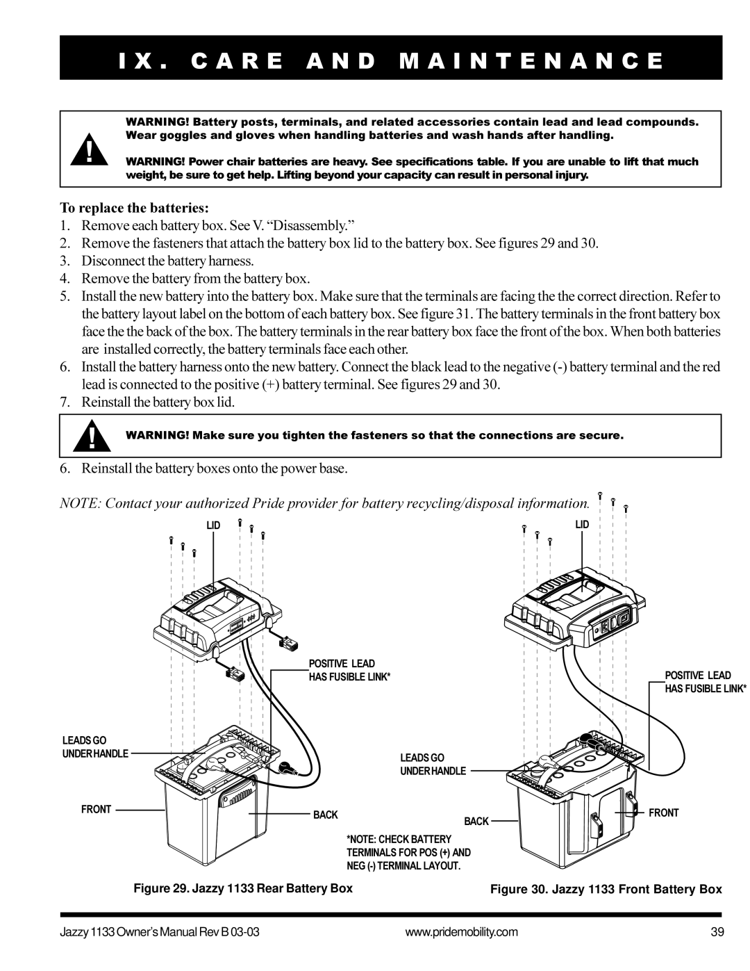 Pride Mobility Jazzy1133 owner manual To replace the batteries, Jazzy 1133 Rear Battery Box 