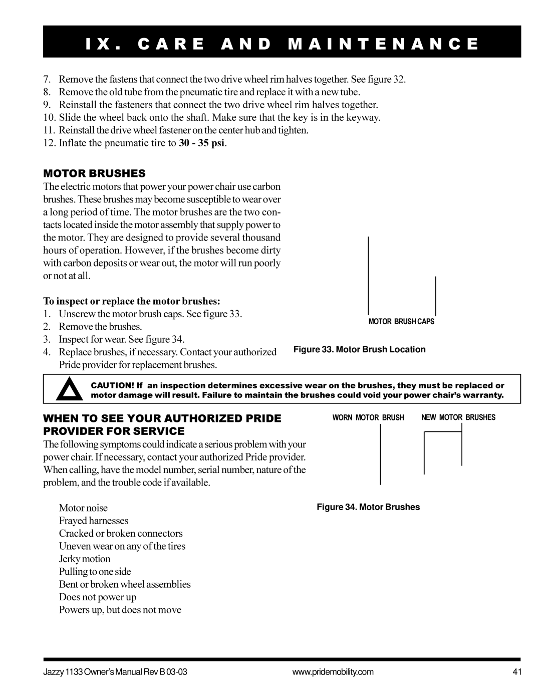 Pride Mobility Jazzy1133 owner manual Motor Brushes, To inspect or replace the motor brushes 