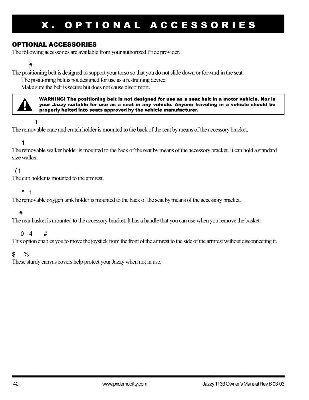 Pride Mobility Jazzy1133 owner manual P T I O N a L a C C E S S O R I E S 