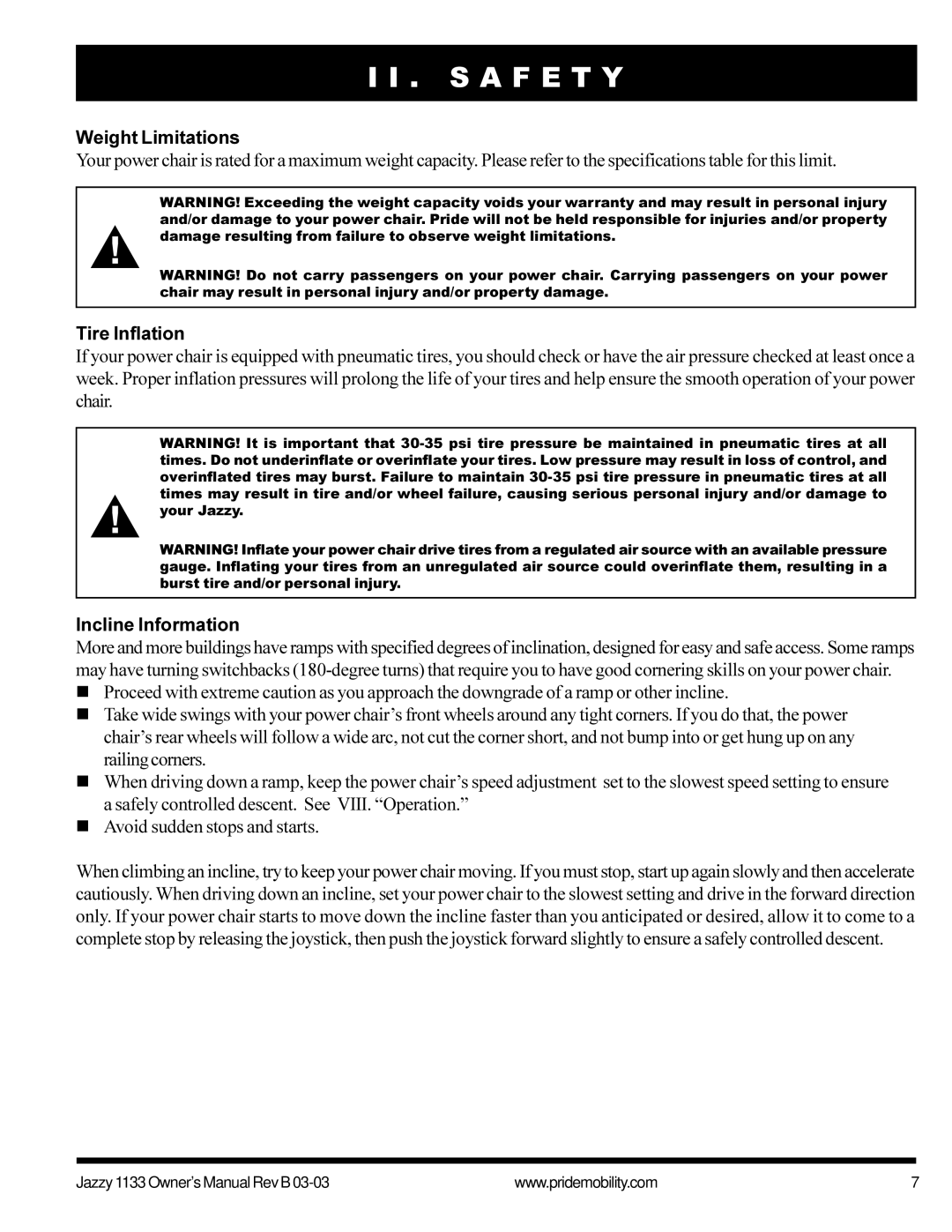 Pride Mobility Jazzy1133 owner manual Weight Limitations, Tire Inflation, Incline Information 