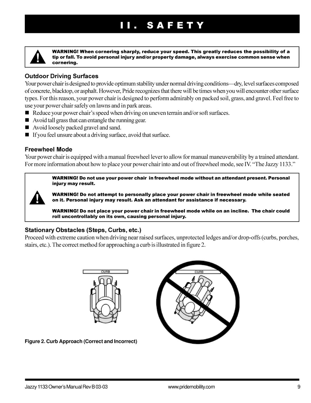 Pride Mobility Jazzy1133 owner manual Outdoor Driving Surfaces, Freewheel Mode, Stationary Obstacles Steps, Curbs, etc 