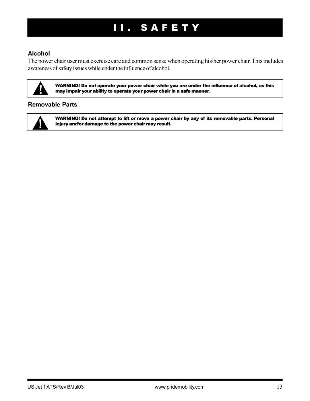 Pride Mobility Jet 1 owner manual Alcohol, Removable Parts 