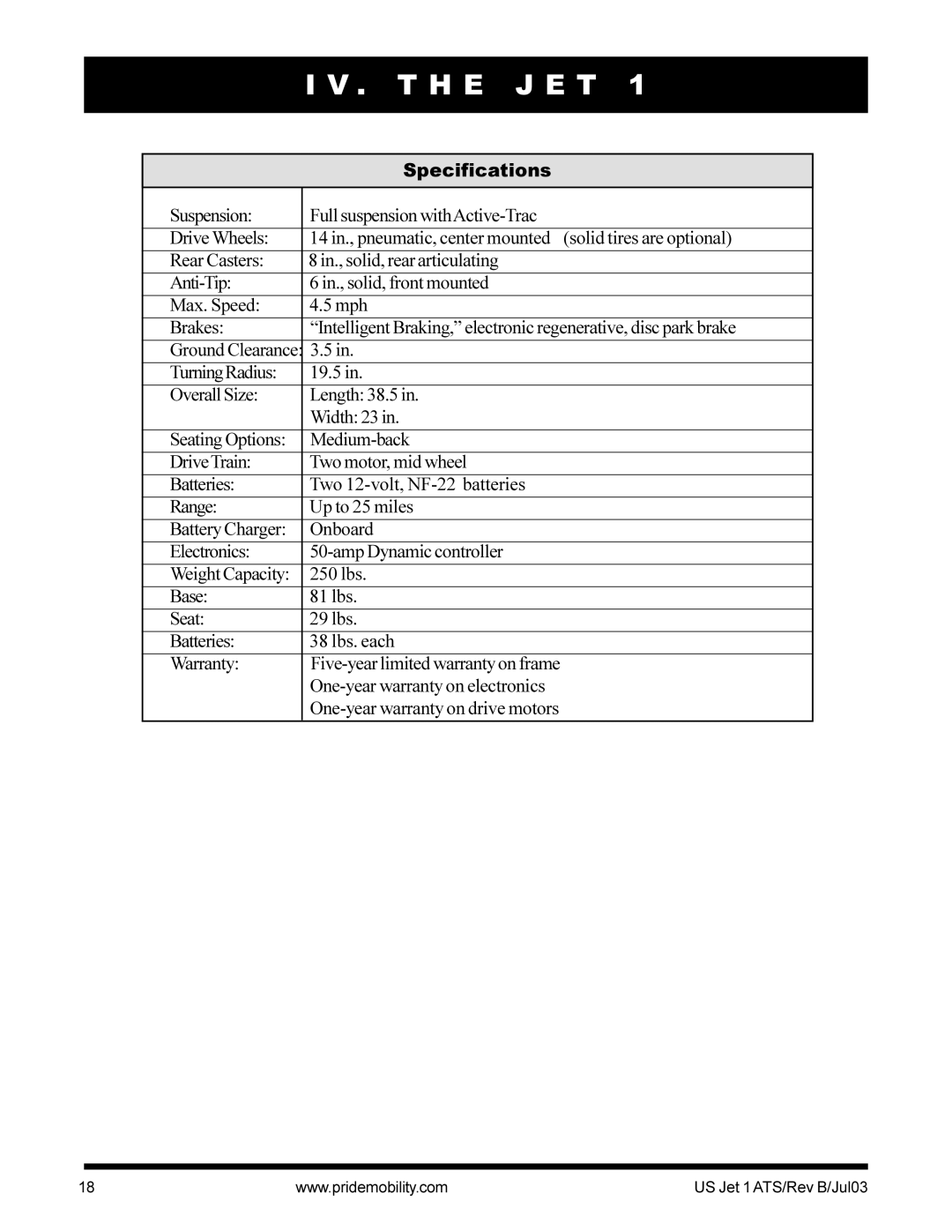 Pride Mobility Jet 1 owner manual Specifications 