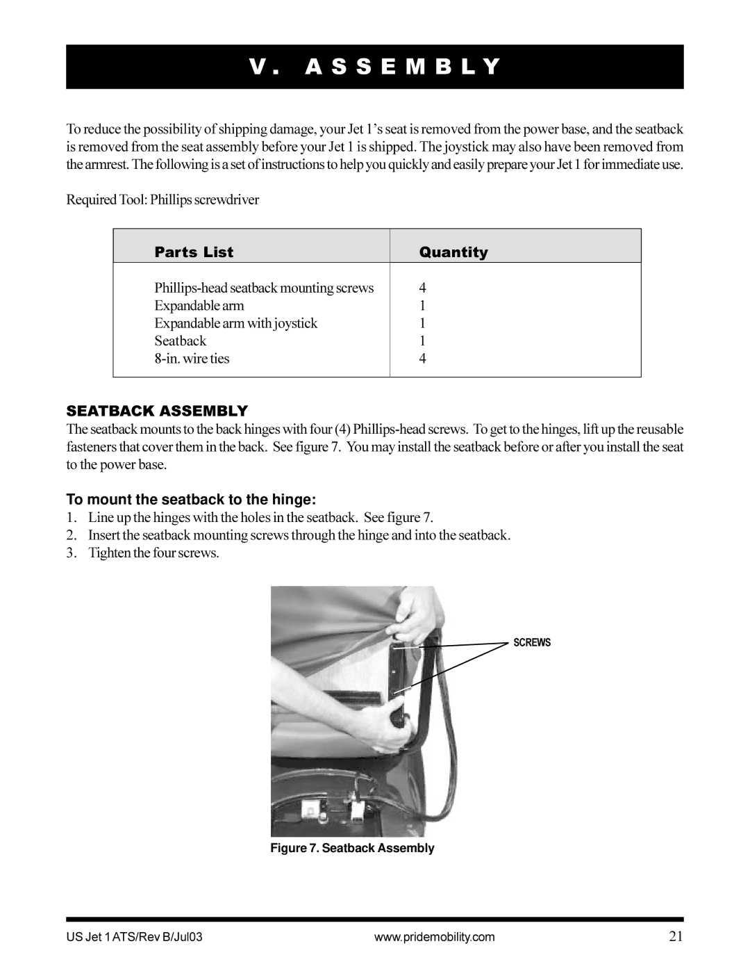 Pride Mobility Jet 1 owner manual S S E M B L Y, Parts List Quantity, Seatback Assembly, To mount the seatback to the hinge 