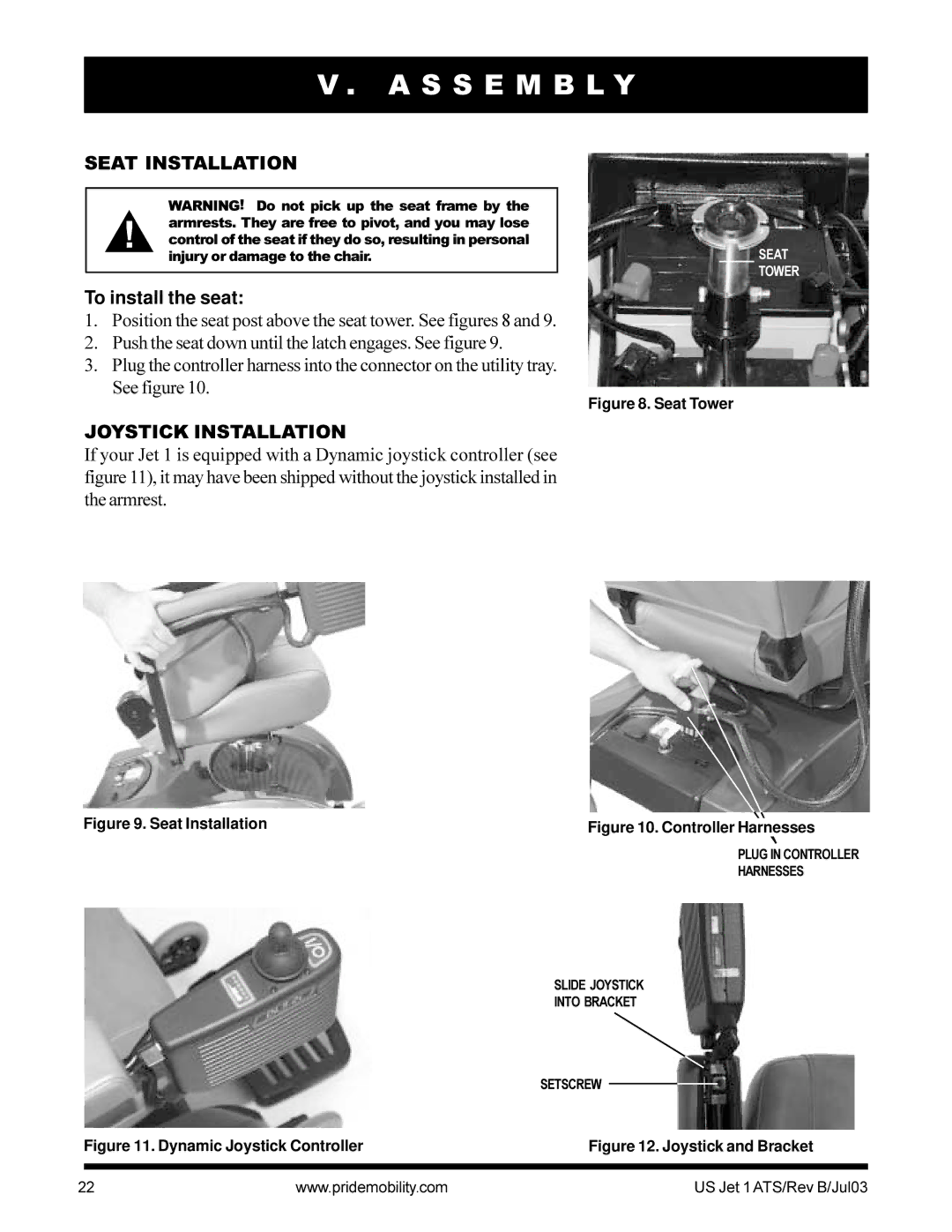 Pride Mobility Jet 1 owner manual Seat Installation, To install the seat, Joystick Installation 