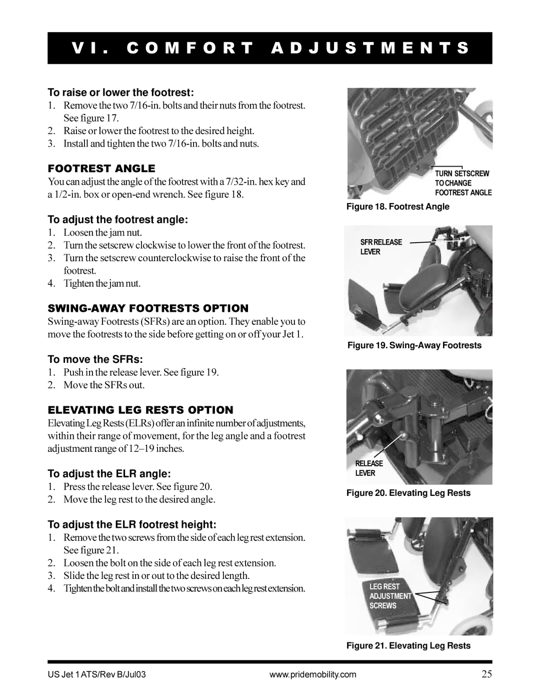 Pride Mobility Jet 1 owner manual Footrest Angle, Elevating LEG Rests Option 