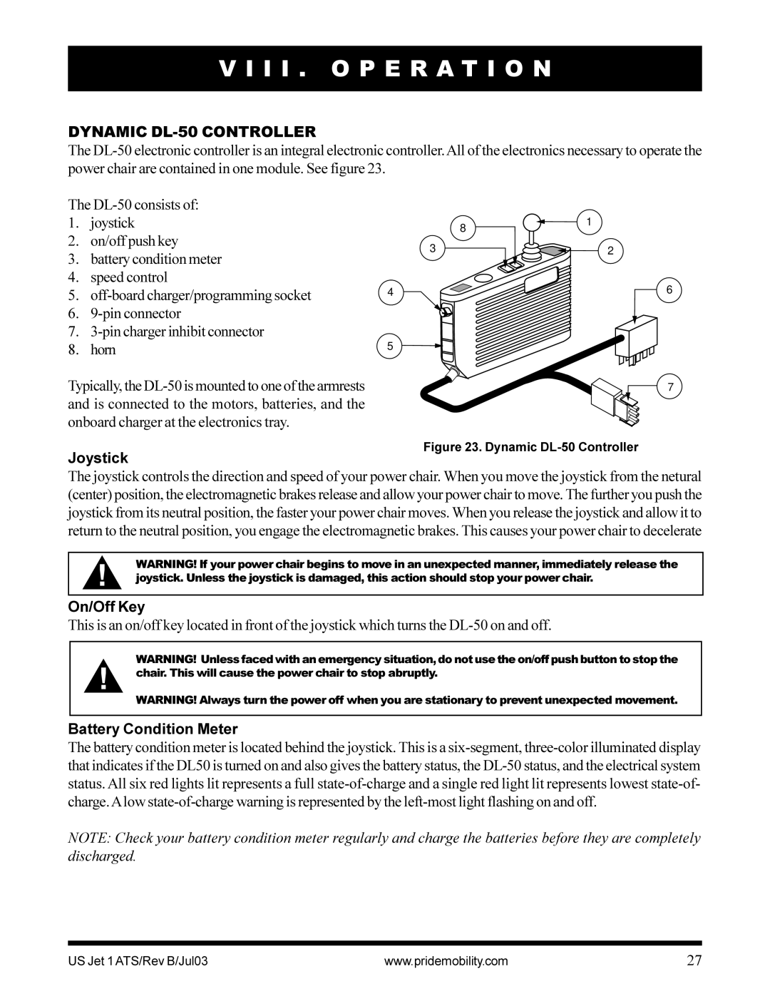 Pride Mobility Jet 1 I I . O P E R a T I O N, Dynamic DL-50 Controller, Joystick, On/Off Key, Battery Condition Meter 