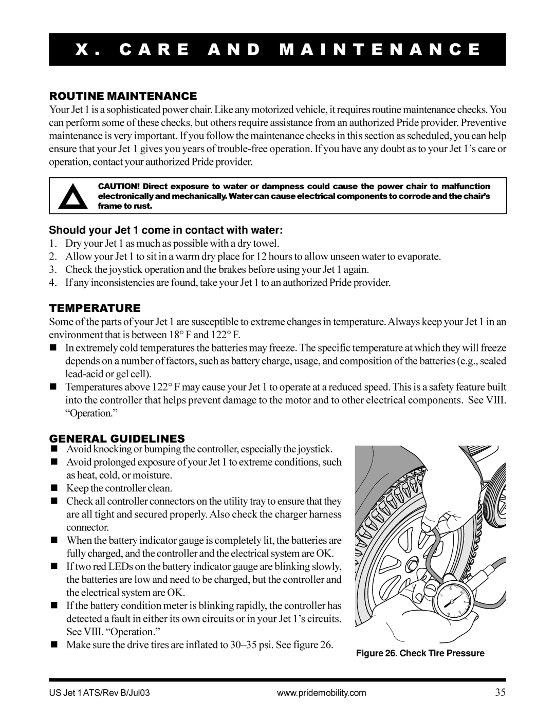 Pride Mobility A R E a N D M a I N T E N a N C E, Routine Maintenance, Should your Jet 1 come in contact with water 