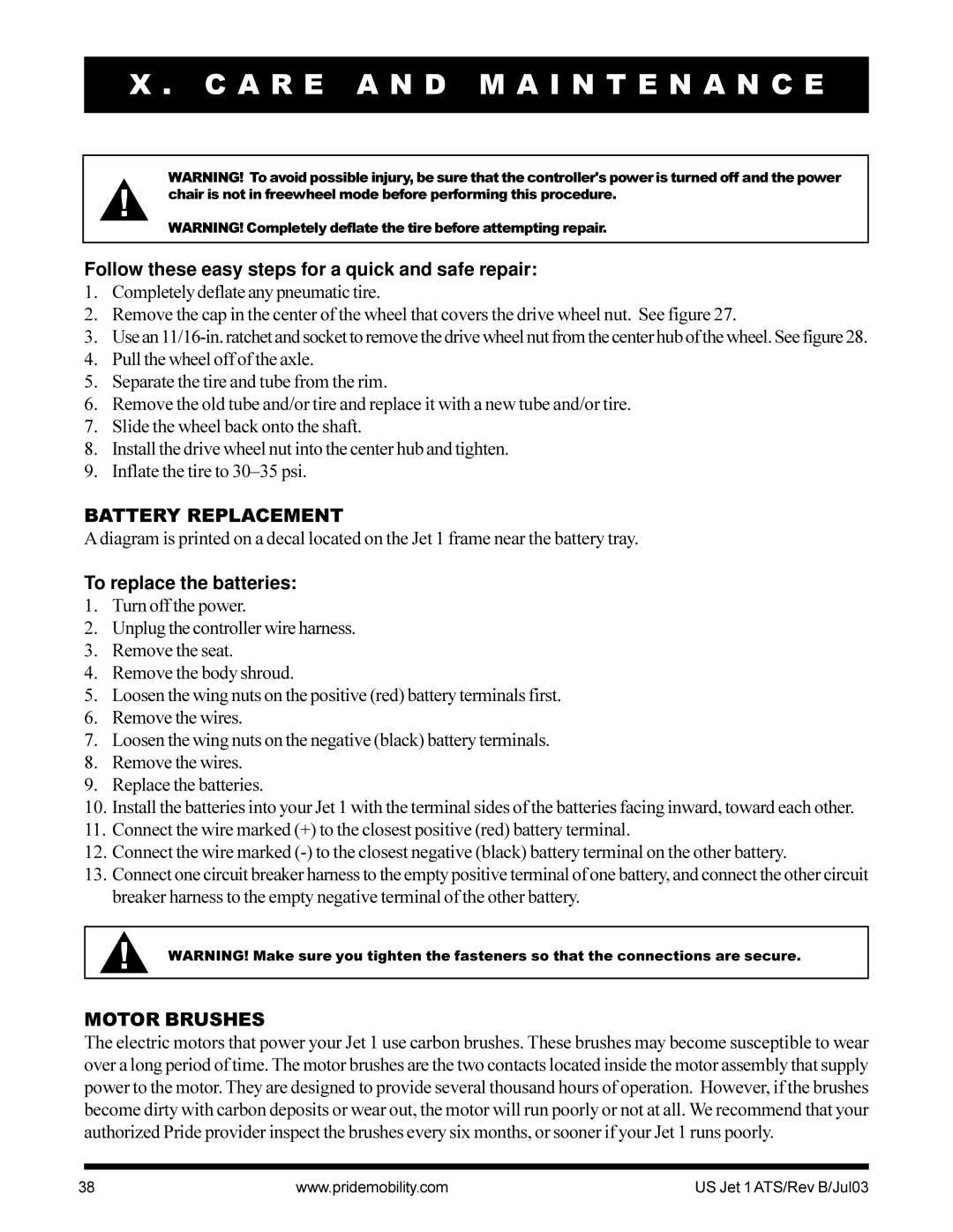 Pride Mobility Jet 1 Follow these easy steps for a quick and safe repair, Battery Replacement, To replace the batteries 