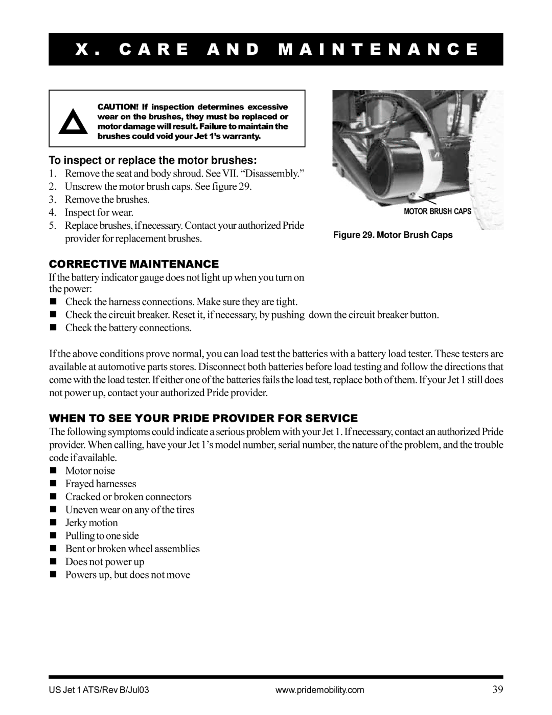 Pride Mobility Jet 1 owner manual To inspect or replace the motor brushes, Corrective Maintenance 