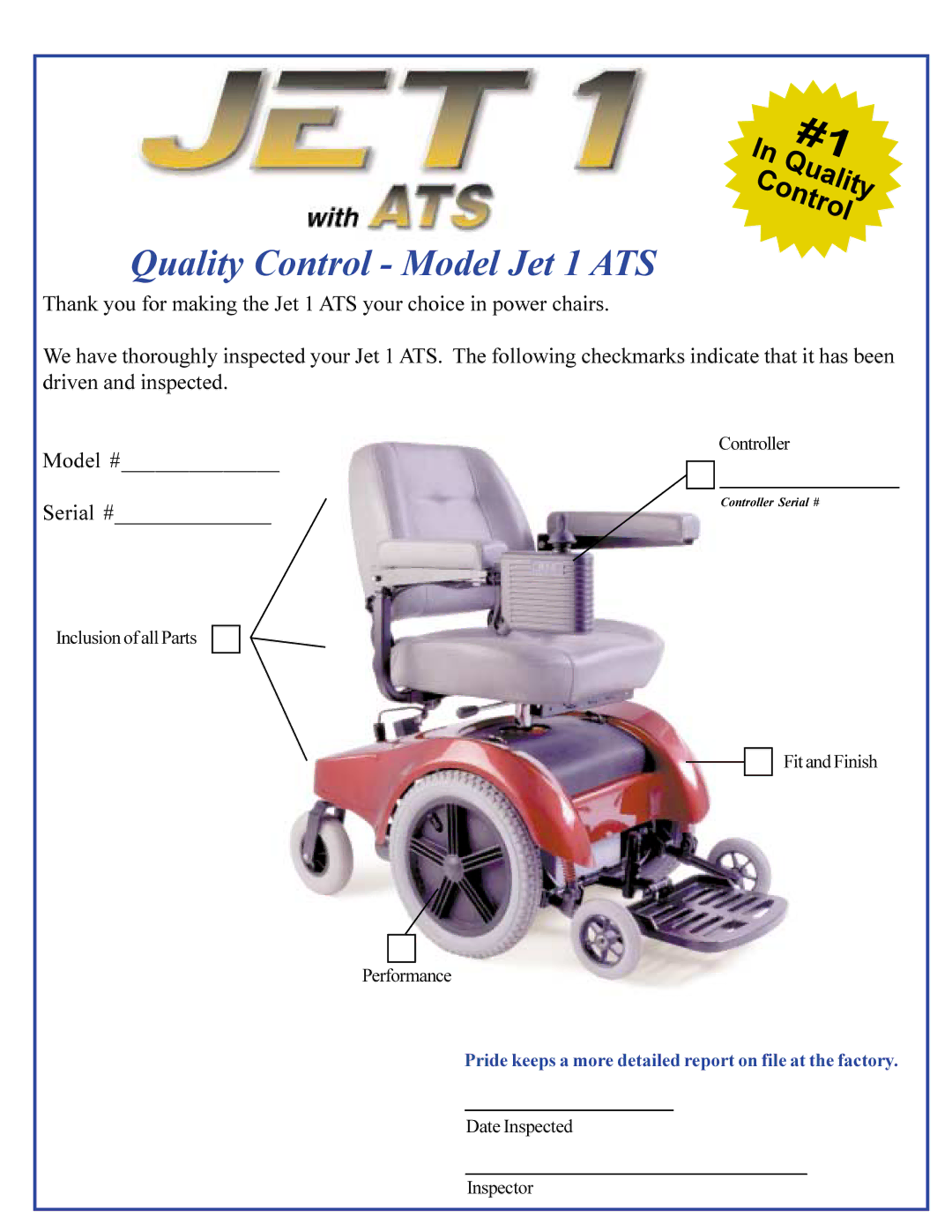 Pride Mobility owner manual Quality Control Model Jet 1 ATS 