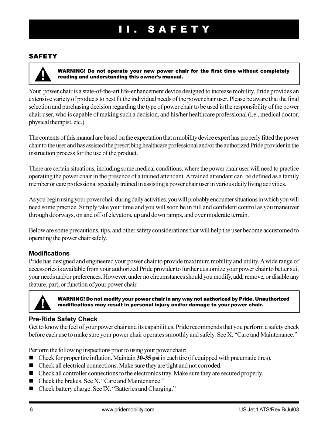 Pride Mobility Jet 1 owner manual S a F E T Y, Modifications, Pre-Ride Safety Check 