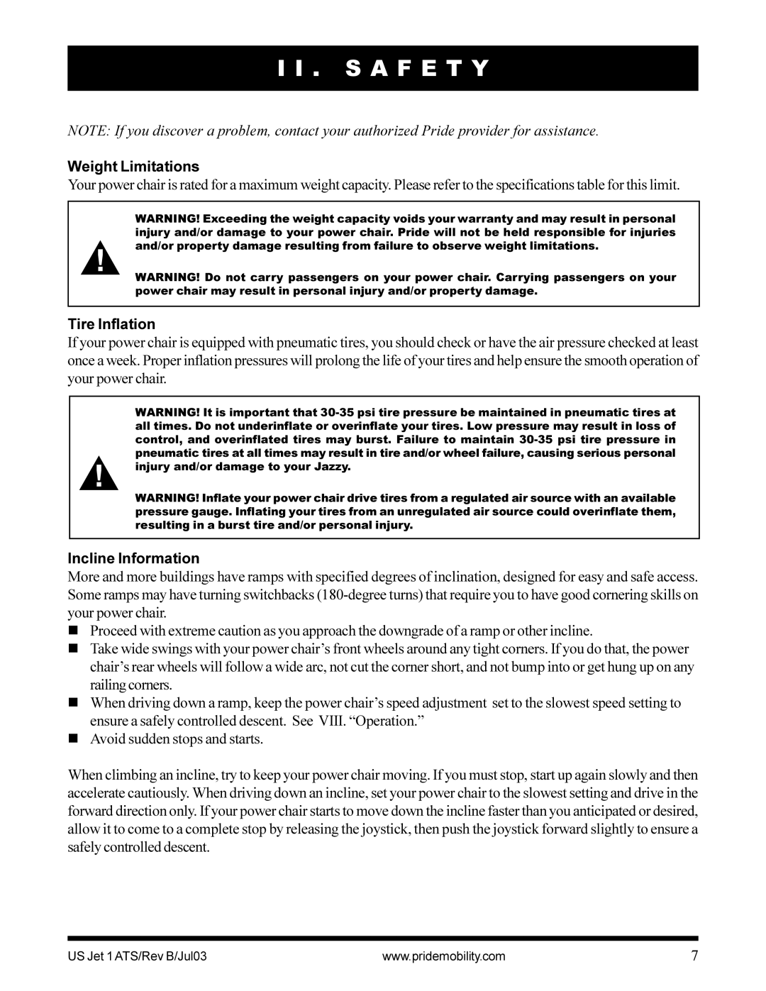 Pride Mobility Jet 1 owner manual Weight Limitations, Tire Inflation, Incline Information 