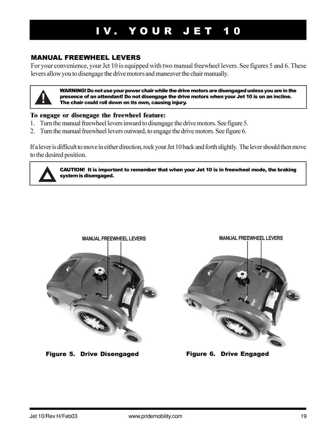 Pride Mobility Jet 10 owner manual Manual Freewheel Levers, To engage or disengage the freewheel feature 