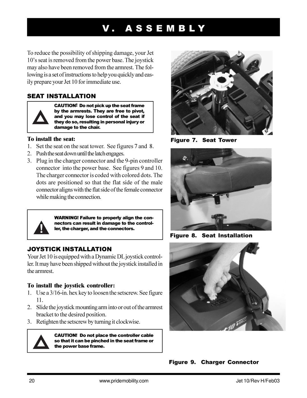 Pride Mobility Jet 10 owner manual S S E M B L Y, Seat Installation, To install the seat, Joystick Installation 