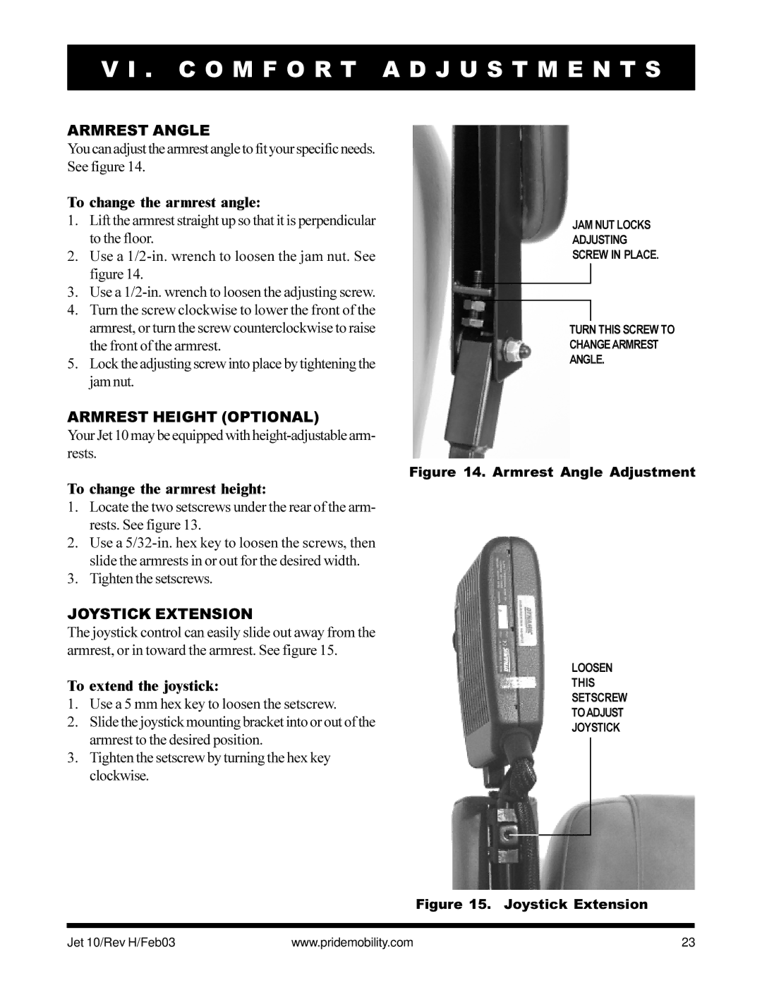 Pride Mobility Jet 10 owner manual Armrest Angle, Armrest Height Optional, Joystick Extension 