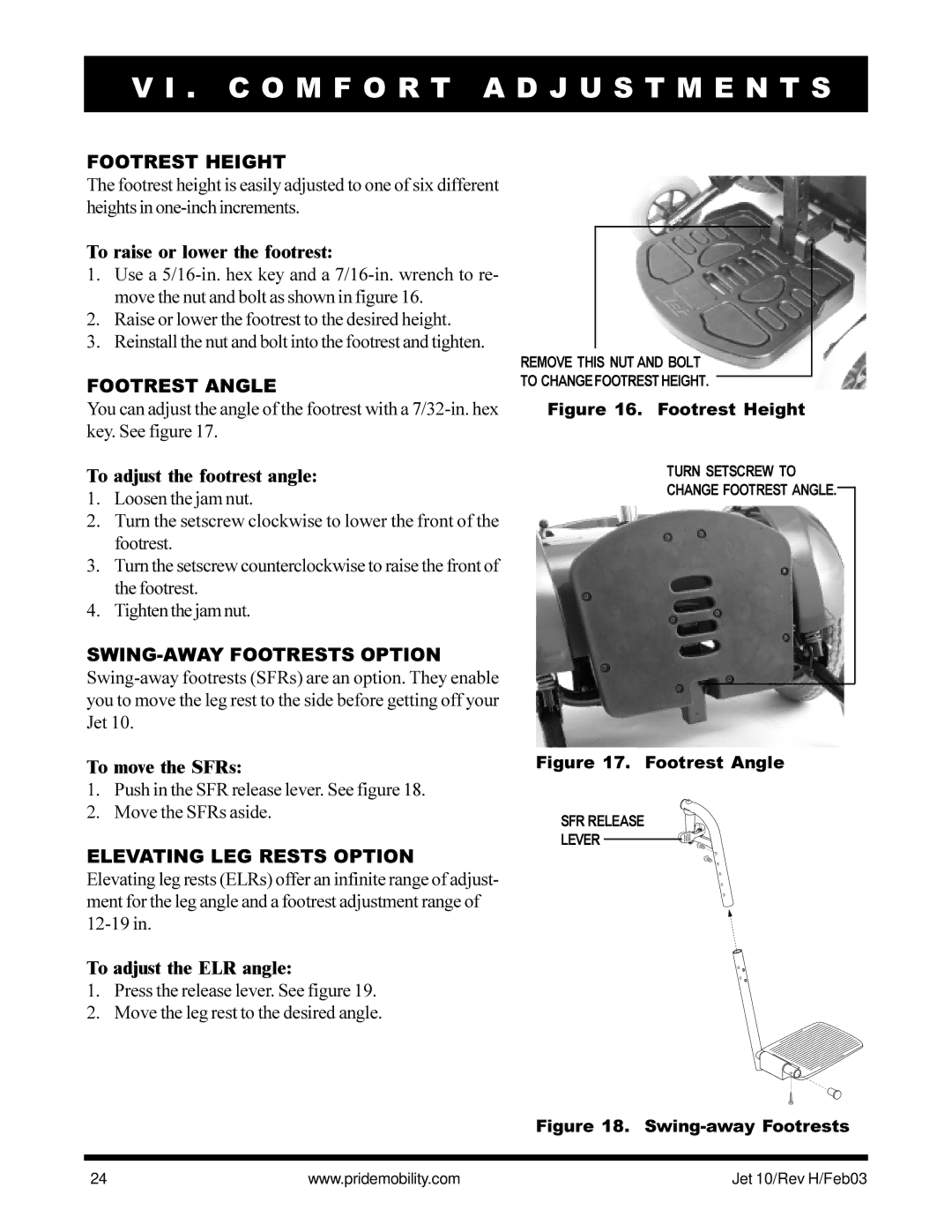 Pride Mobility Jet 10 owner manual Footrest Height, Footrest Angle, Elevating LEG Rests Option 