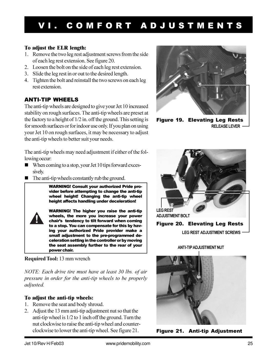 Pride Mobility Jet 10 To adjust the ELR length, ANTI-TIP Wheels, Required Tool 13 mm wrench To adjust the anti-tip wheels 