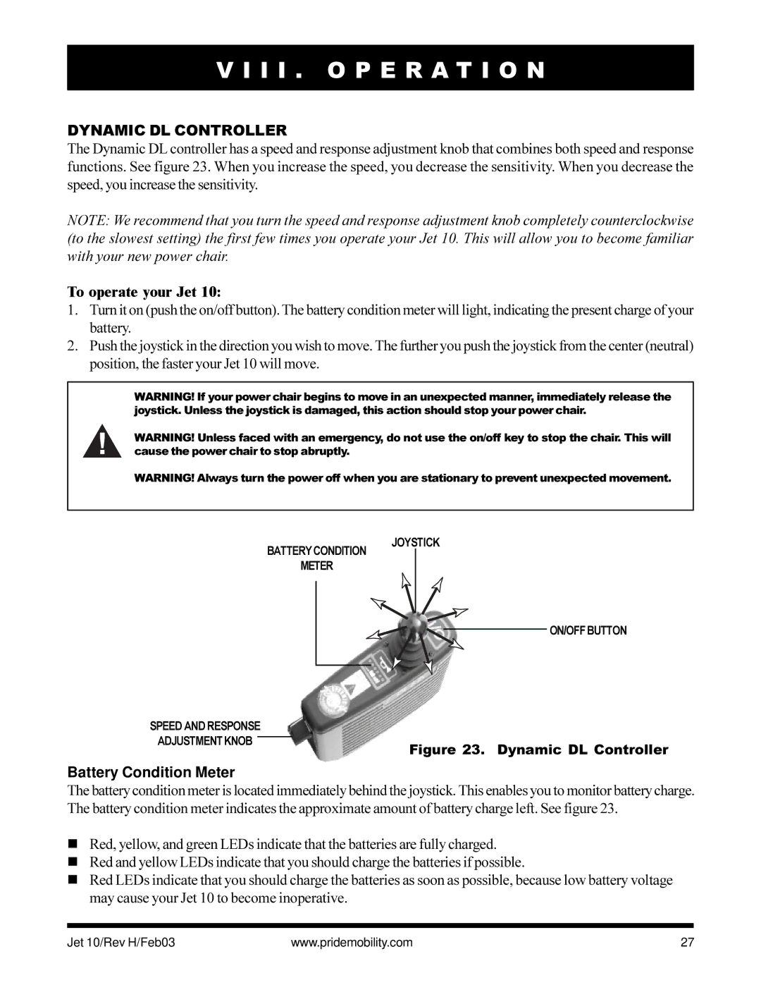 Pride Mobility Jet 10 owner manual I I . O P E R a T I O N, Dynamic DL Controller, To operate your Jet 