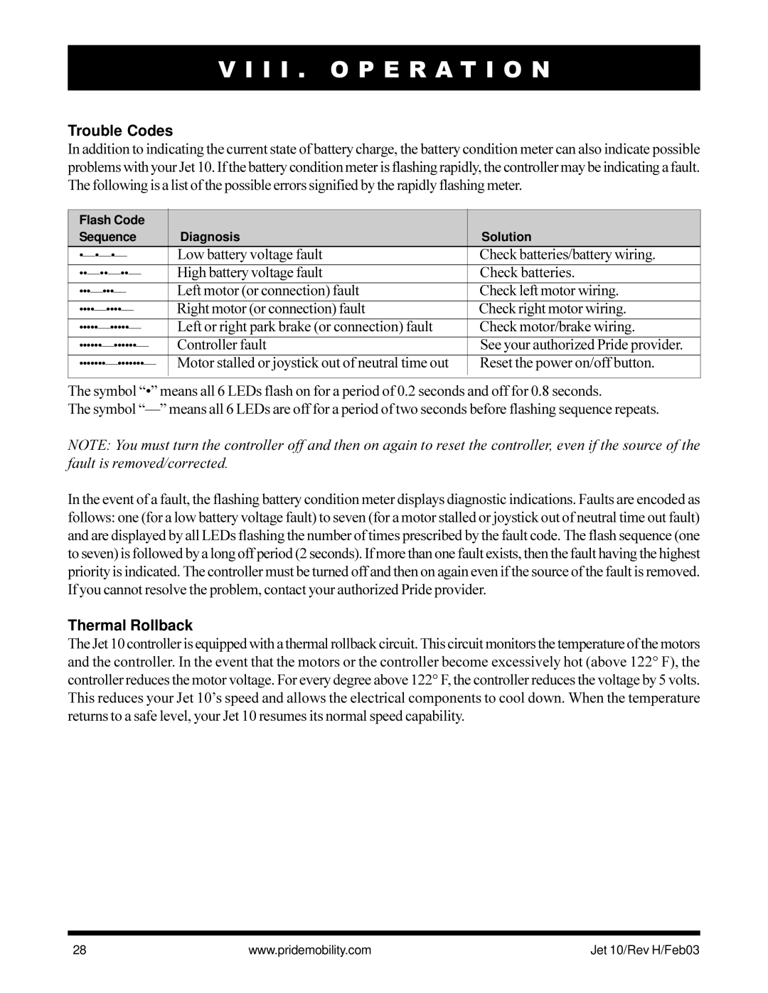 Pride Mobility Jet 10 owner manual Trouble Codes 