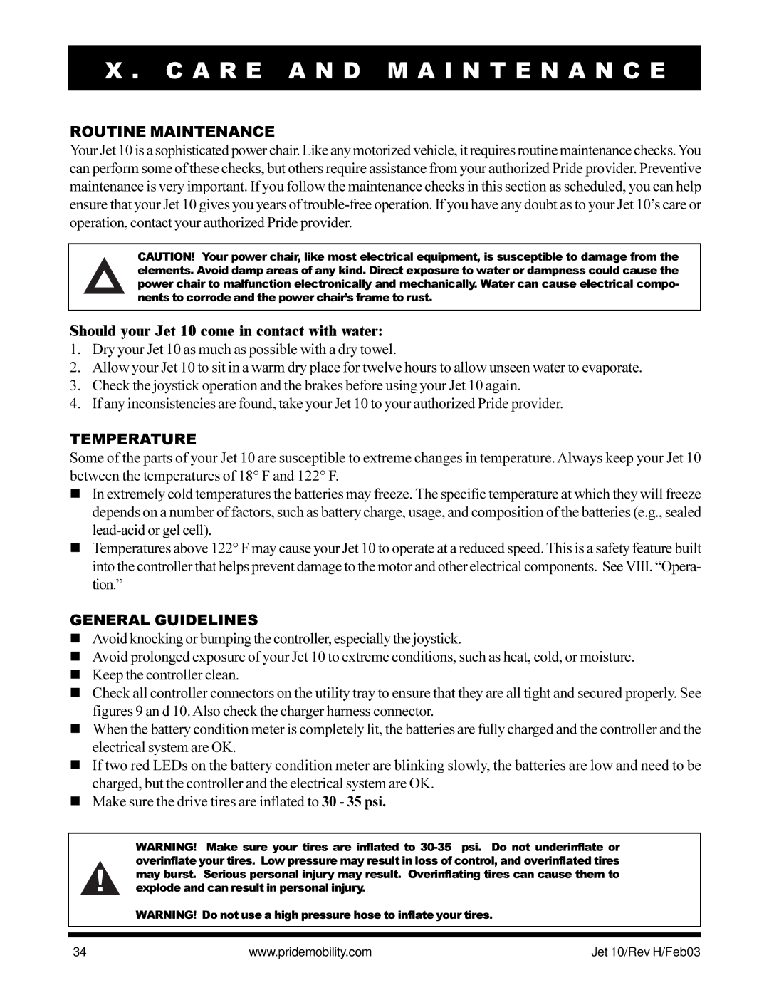 Pride Mobility Jet 10 owner manual A R E a N D M a I N T E N a N C E, Routine Maintenance, Temperature, General Guidelines 