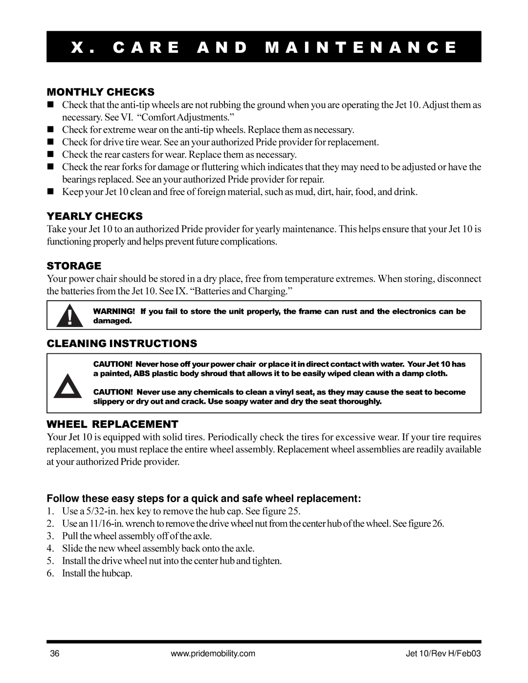 Pride Mobility Jet 10 owner manual Monthly Checks, Yearly Checks, Storage, Cleaning Instructions Wheel Replacement 