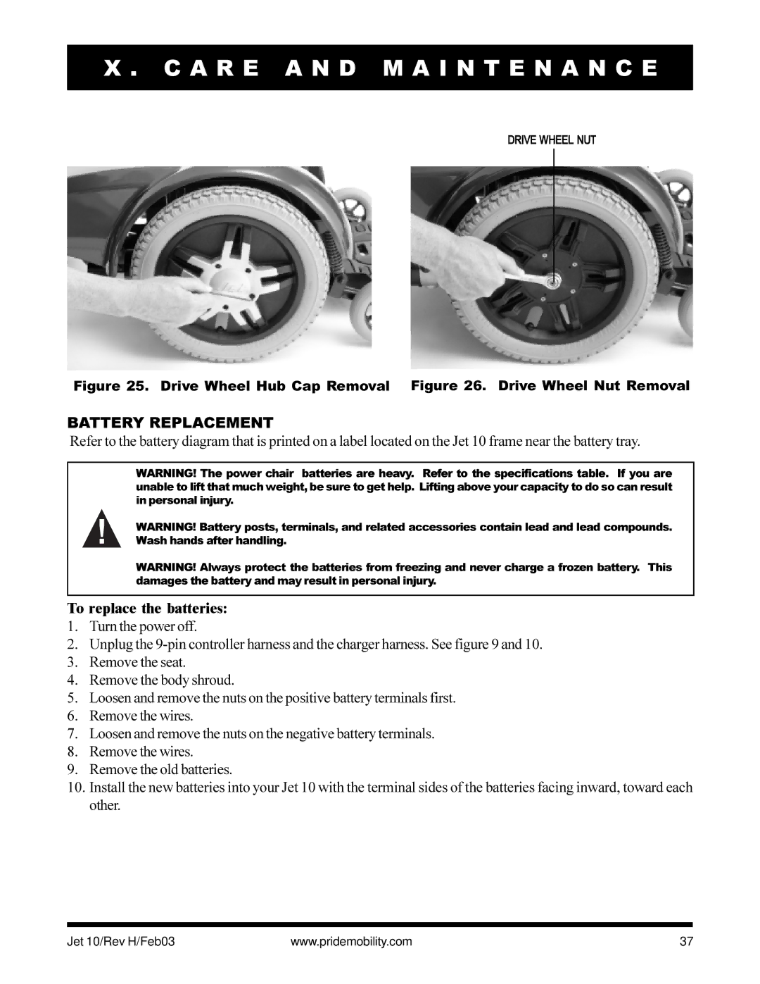 Pride Mobility Jet 10 owner manual Battery Replacement, To replace the batteries 