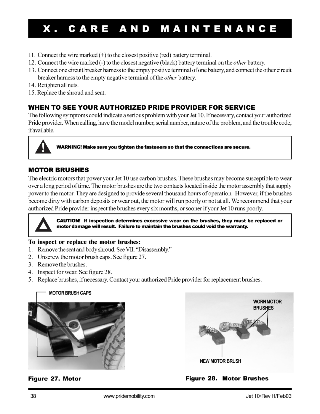 Pride Mobility Jet 10 owner manual When to see Your Authorized Pride Provider for Service, Motor Brushes 