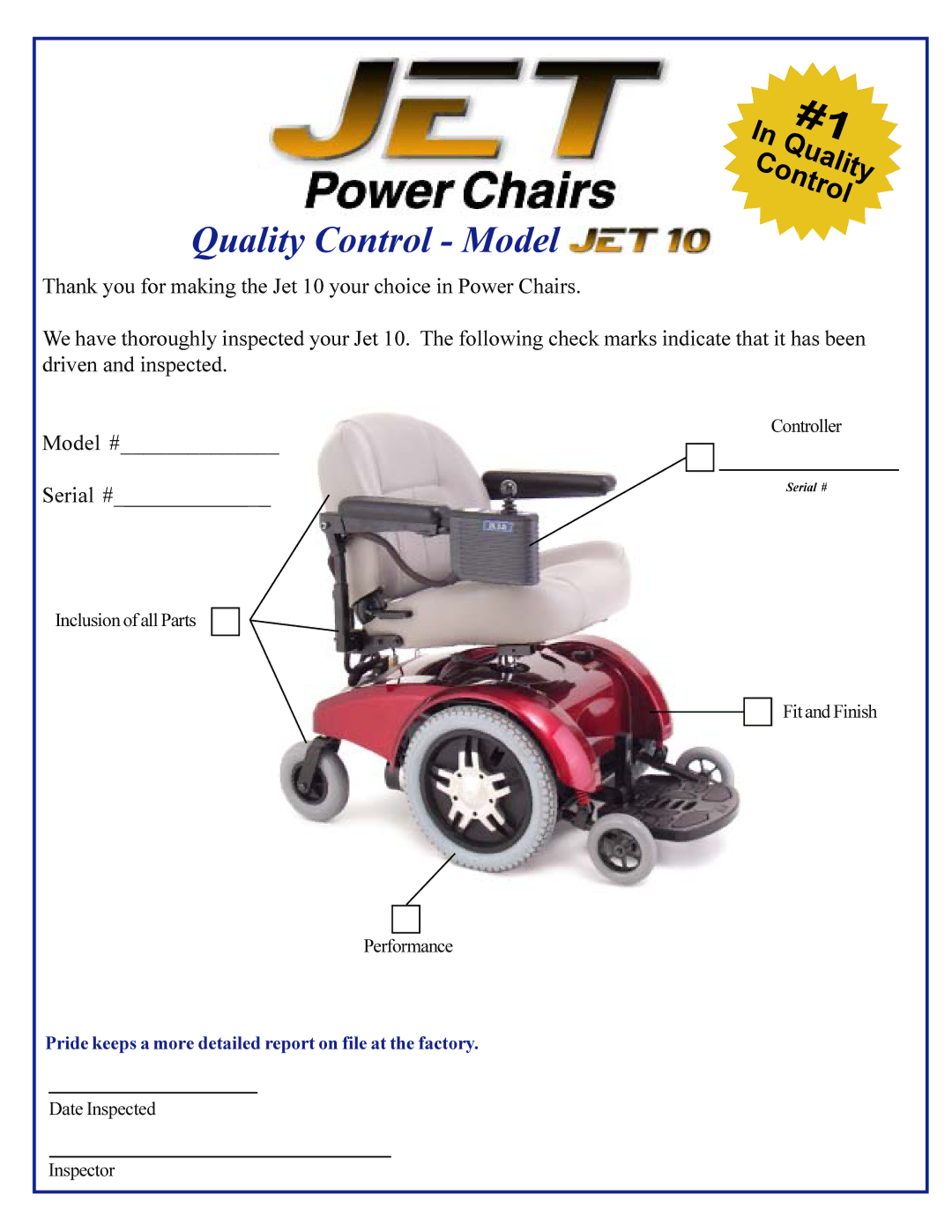 Pride Mobility Jet 10 owner manual Quality Control Model 