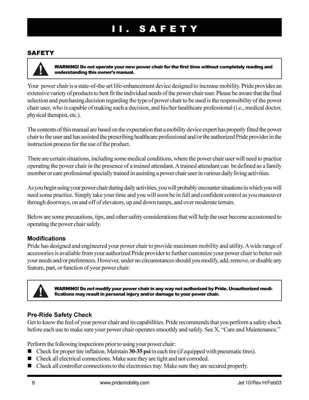 Pride Mobility Jet 10 owner manual S a F E T Y, Modifications, Pre-Ride Safety Check 