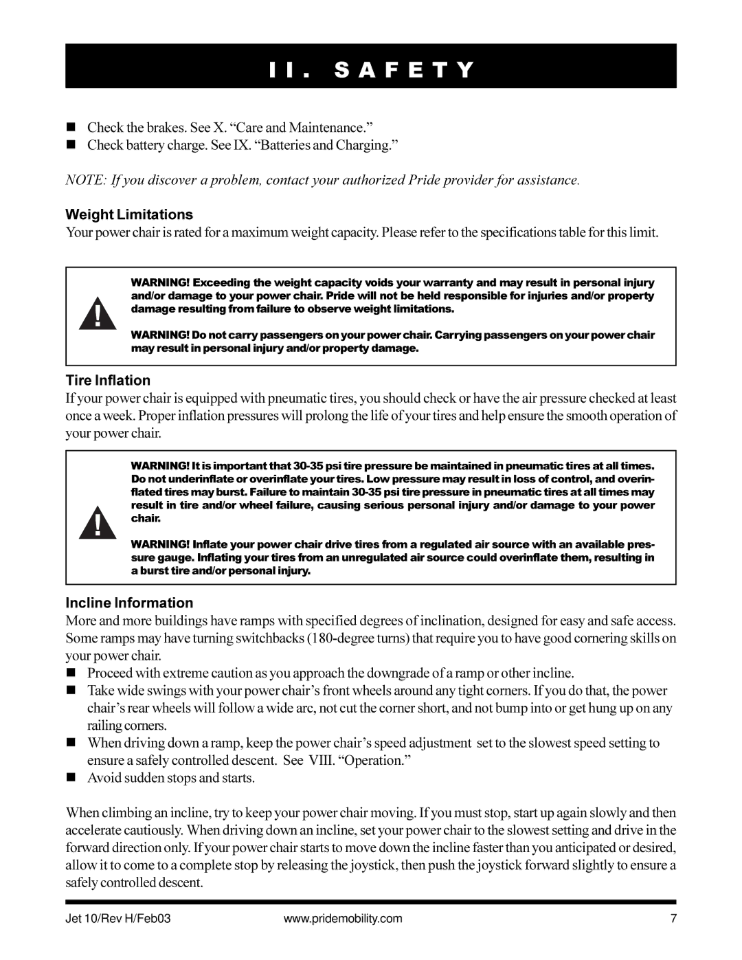 Pride Mobility Jet 10 owner manual Weight Limitations, Tire Inflation, Incline Information 