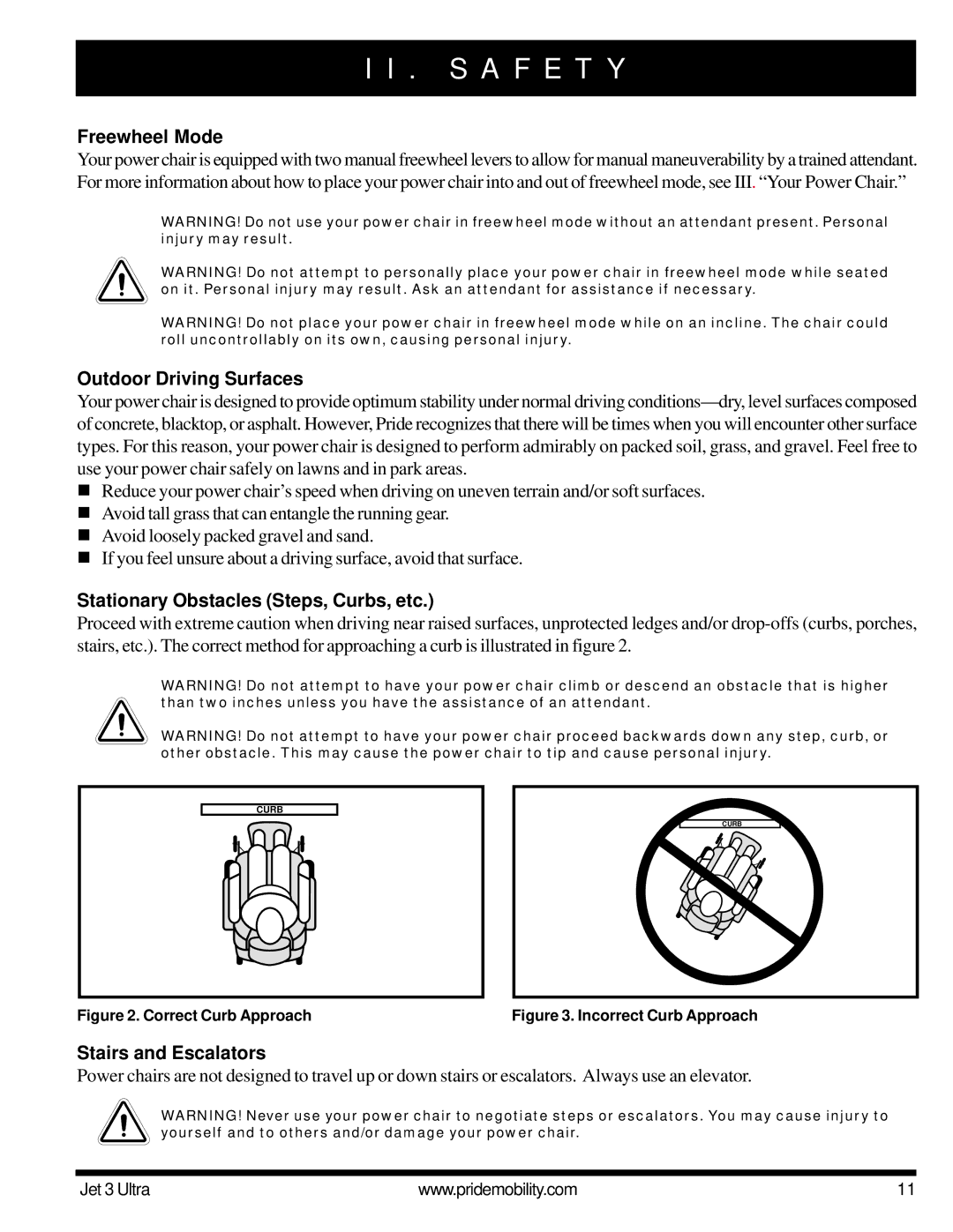 Pride Mobility JET 3 owner manual Freewheel Mode, Outdoor Driving Surfaces, Stationary Obstacles Steps, Curbs, etc 