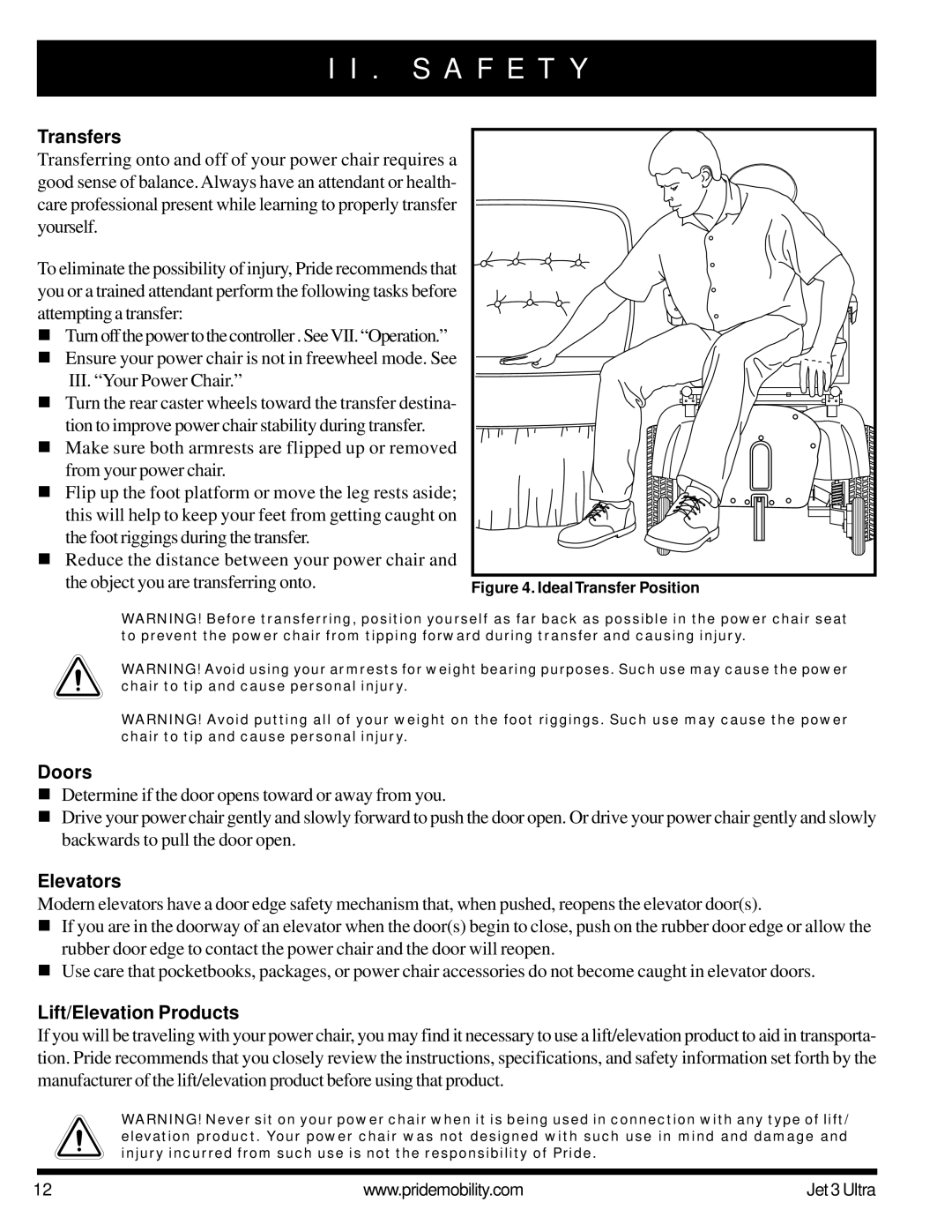 Pride Mobility JET 3 owner manual Transfers, Object you are transferring onto, Doors, Elevators, Lift/Elevation Products 