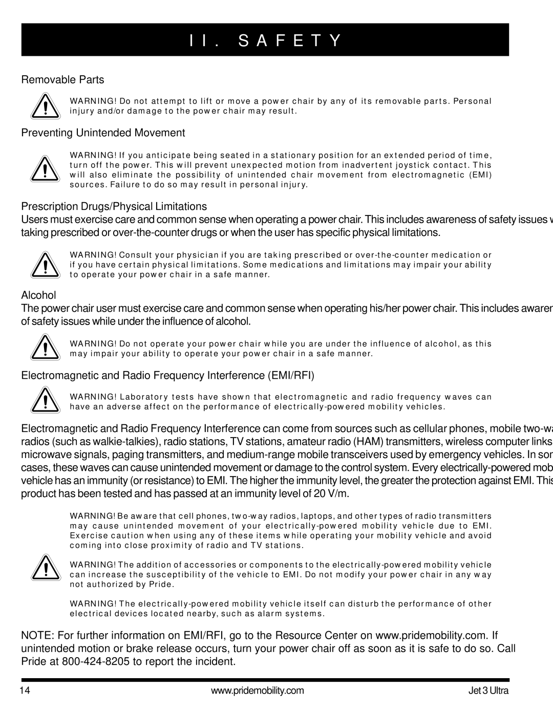 Pride Mobility JET 3 owner manual Alcohol, Electromagnetic and Radio Frequency Interference EMI/RFI 