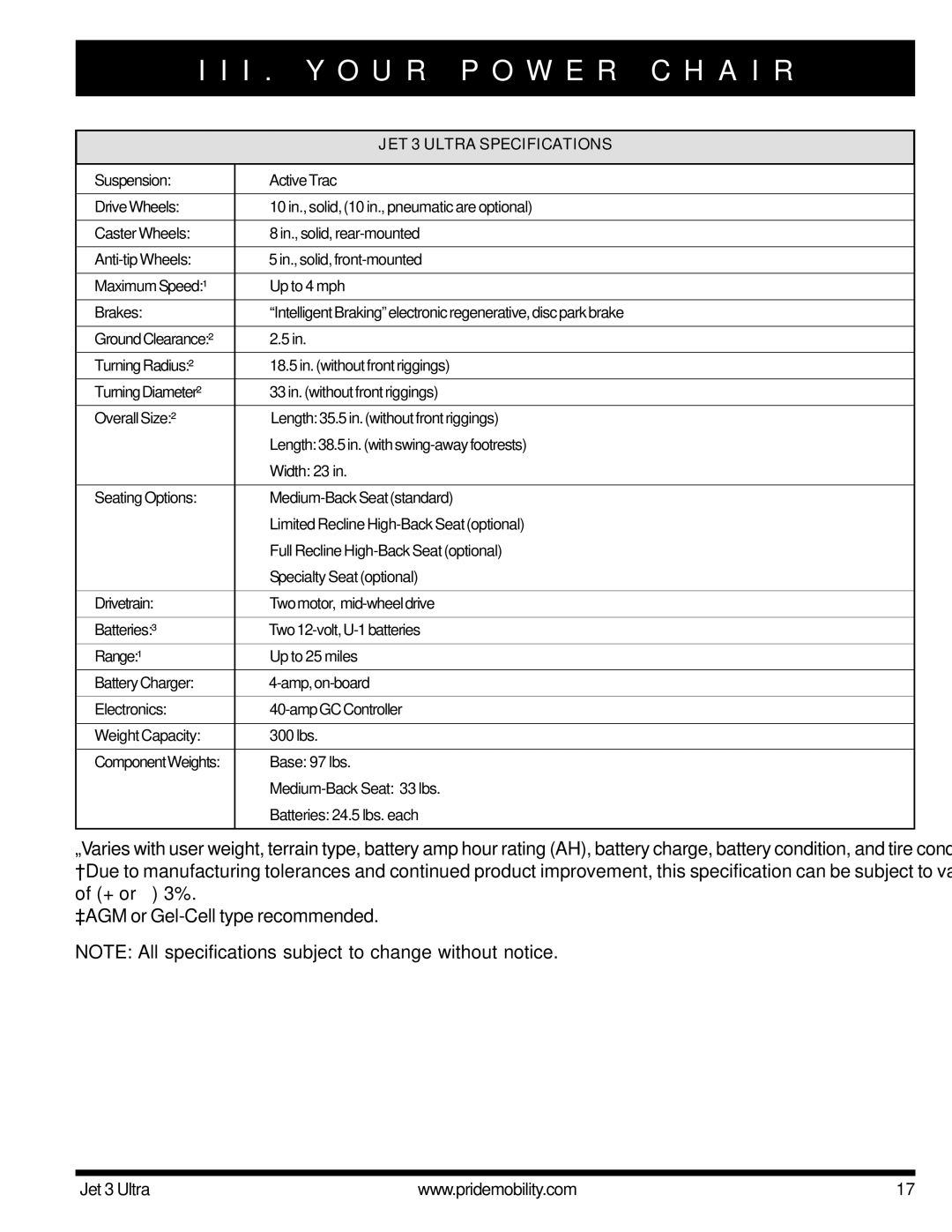 Pride Mobility JET 3 owner manual JET3ULTRASPECIFICATIONS 