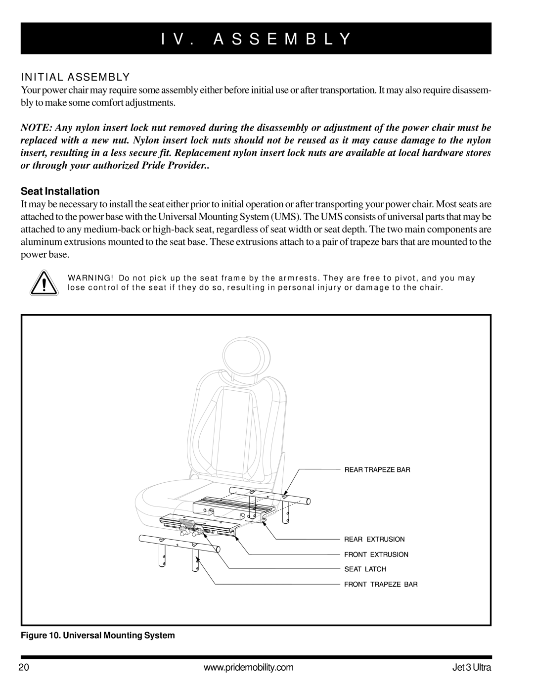 Pride Mobility JET 3 owner manual A S S E M B L Y, Initial Assembly, Seat Installation 