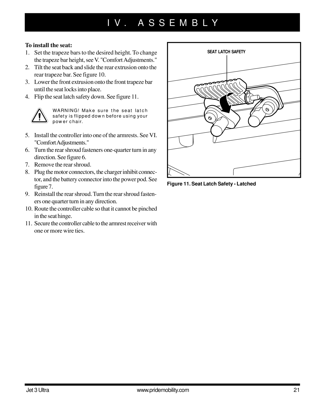 Pride Mobility JET 3 owner manual To install the seat, Seat Latch Safety Latched 