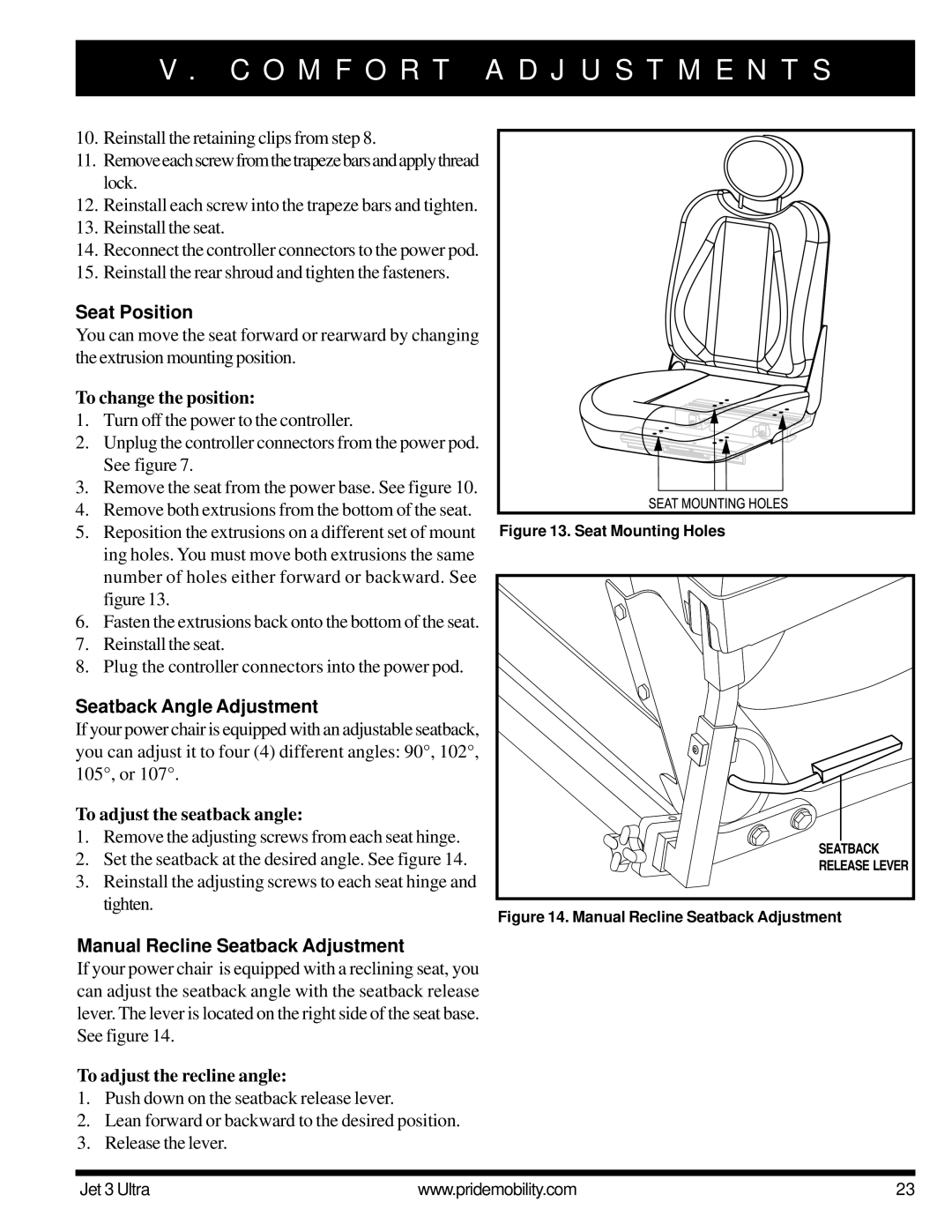 Pride Mobility JET 3 owner manual Seat Position, Seatback Angle Adjustment, Manual Recline Seatback Adjustment 