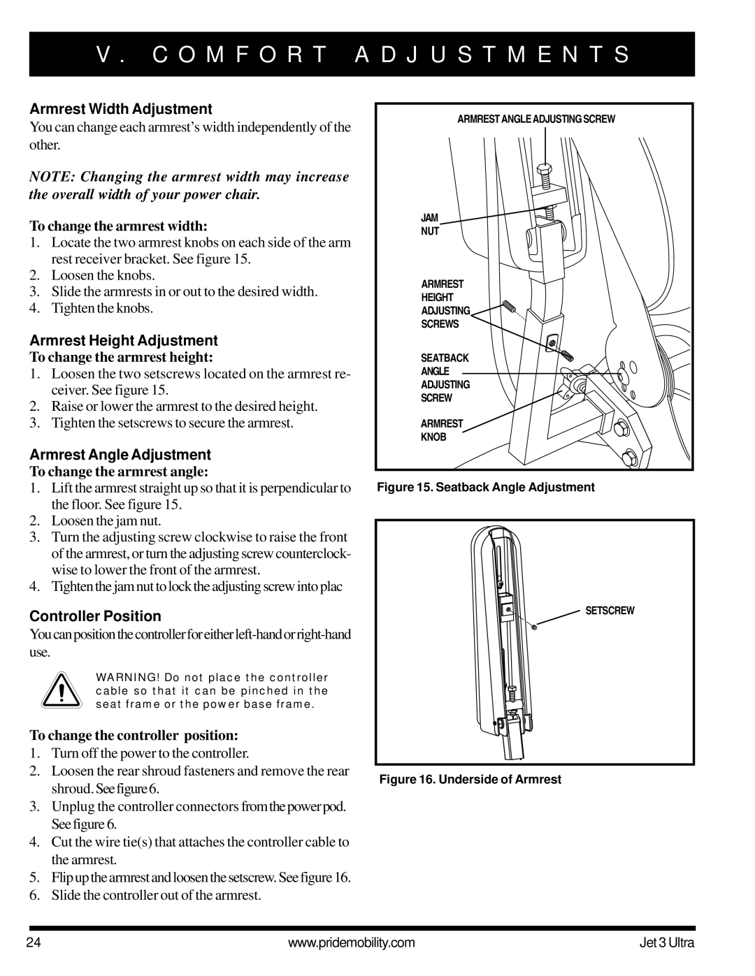 Pride Mobility JET 3 Armrest Width Adjustment, Armrest Height Adjustment, Armrest Angle Adjustment, Controller Position 