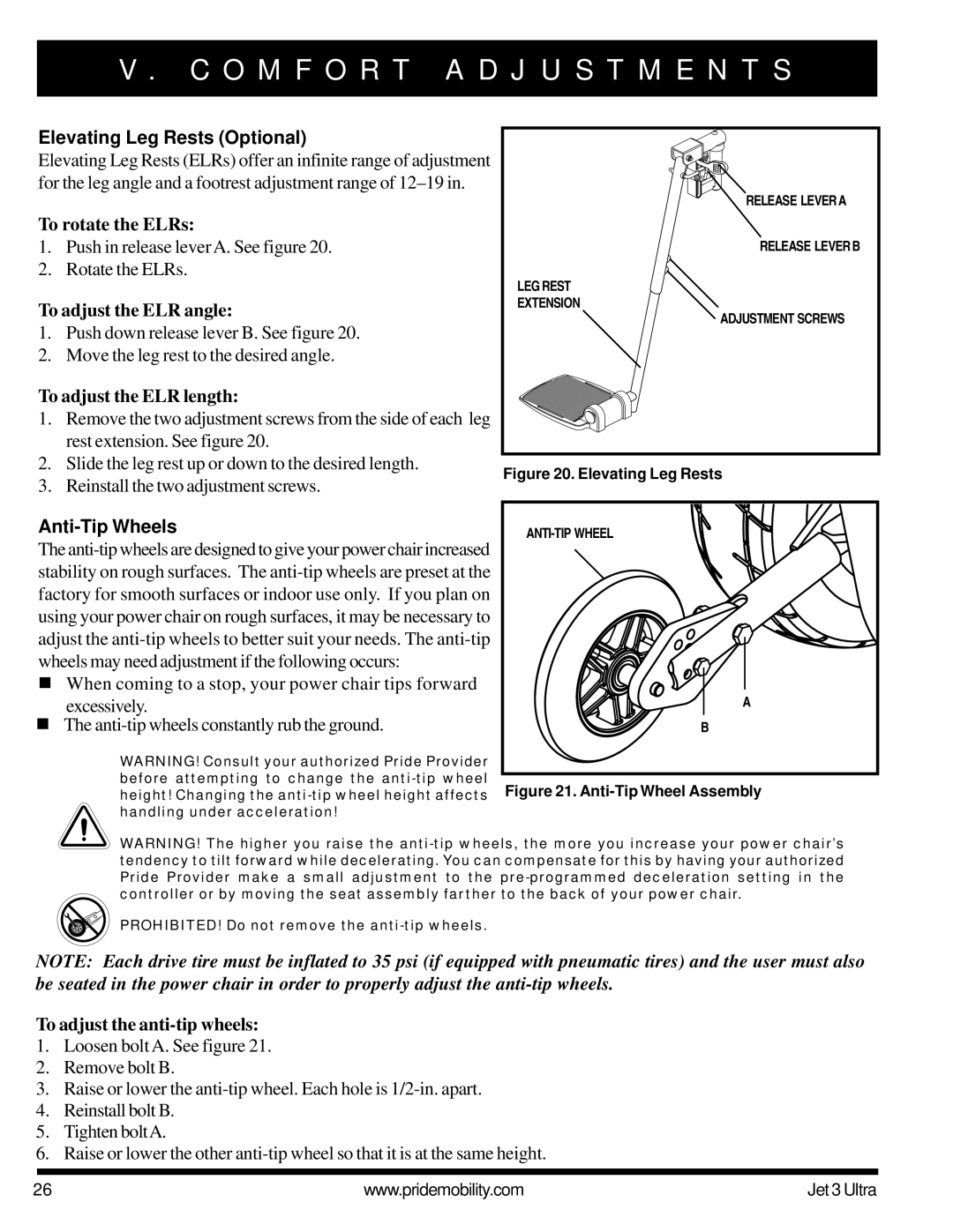 Pride Mobility JET 3 owner manual Elevating Leg Rests Optional, Anti-Tip Wheels 