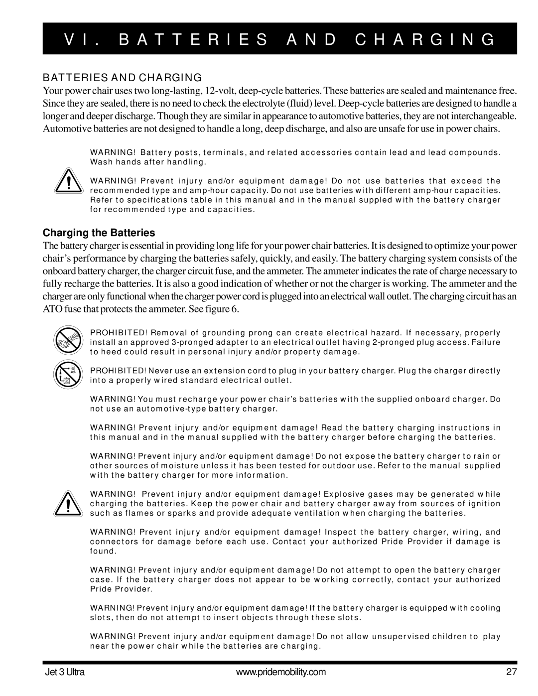 Pride Mobility JET 3 owner manual B a T T E R I E S a N D C H a R G I N G, Batteries and Charging, Charging the Batteries 