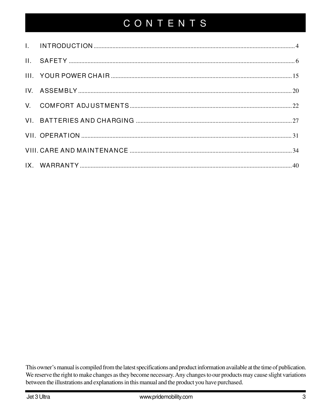 Pride Mobility JET 3 owner manual N T E N T S, Iii 