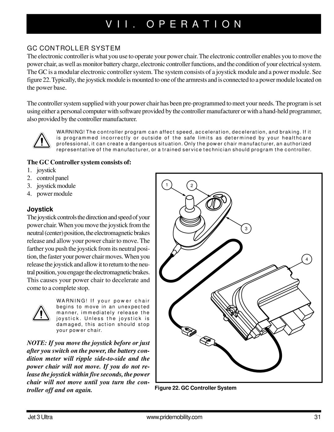 Pride Mobility JET 3 owner manual I . O P E R a T I O N, GC Controller System, GC Controller system consists, Joystick 