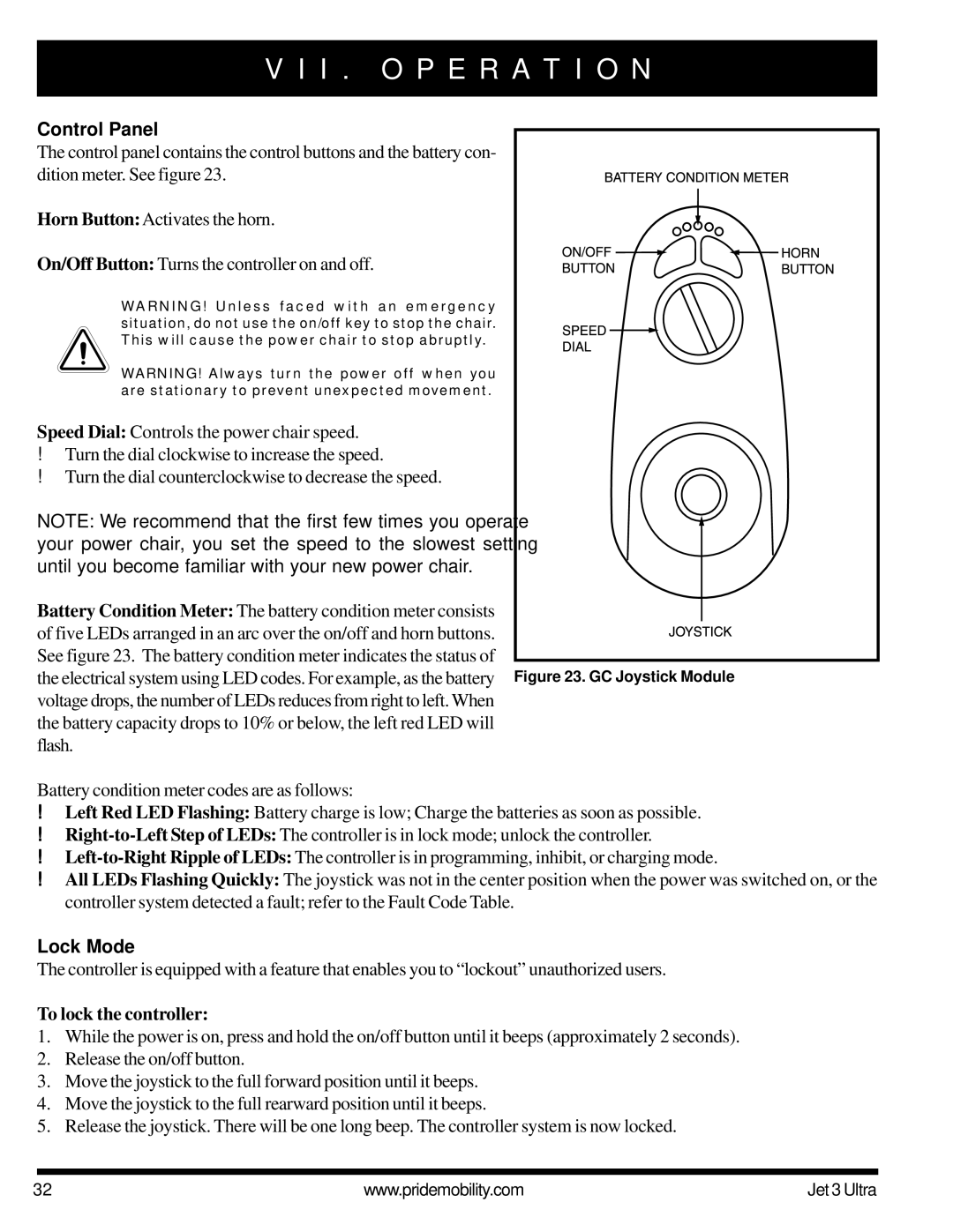 Pride Mobility JET 3 owner manual Control Panel, Lock Mode, To lock the controller 