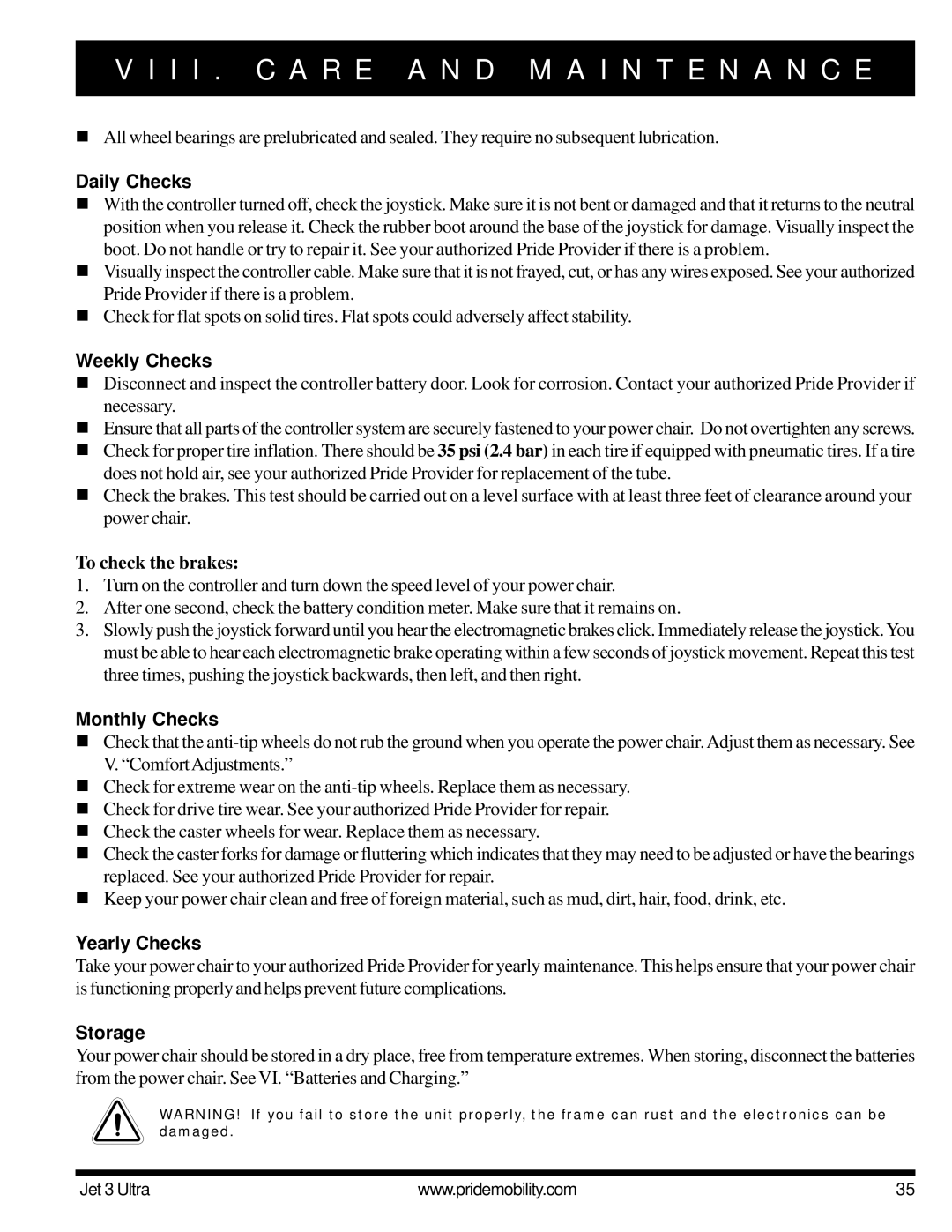 Pride Mobility JET 3 owner manual Daily Checks, Weekly Checks, Monthly Checks, Yearly Checks, Storage 