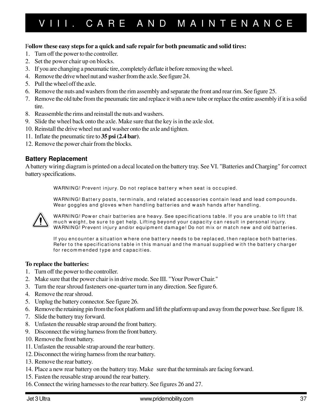 Pride Mobility JET 3 owner manual Battery Replacement, To replace the batteries 