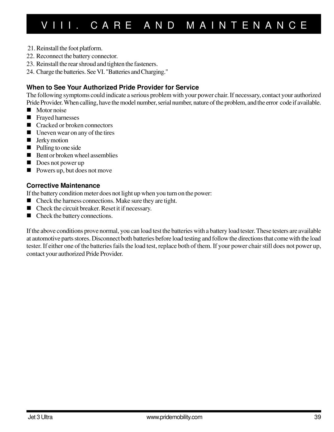 Pride Mobility JET 3 owner manual When to See Your Authorized Pride Provider for Service, Corrective Maintenance 